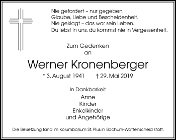 Traueranzeige von Werner Kronenberger von Stadtspiegel Wattenscheid