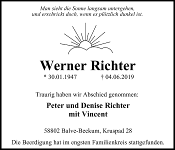 Traueranzeige von Werner Richter von Stadtspiegel Menden + Froendenberg