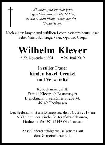 Traueranzeige von Wilhelm Klever von Wochen-Anzeiger Oberhausen