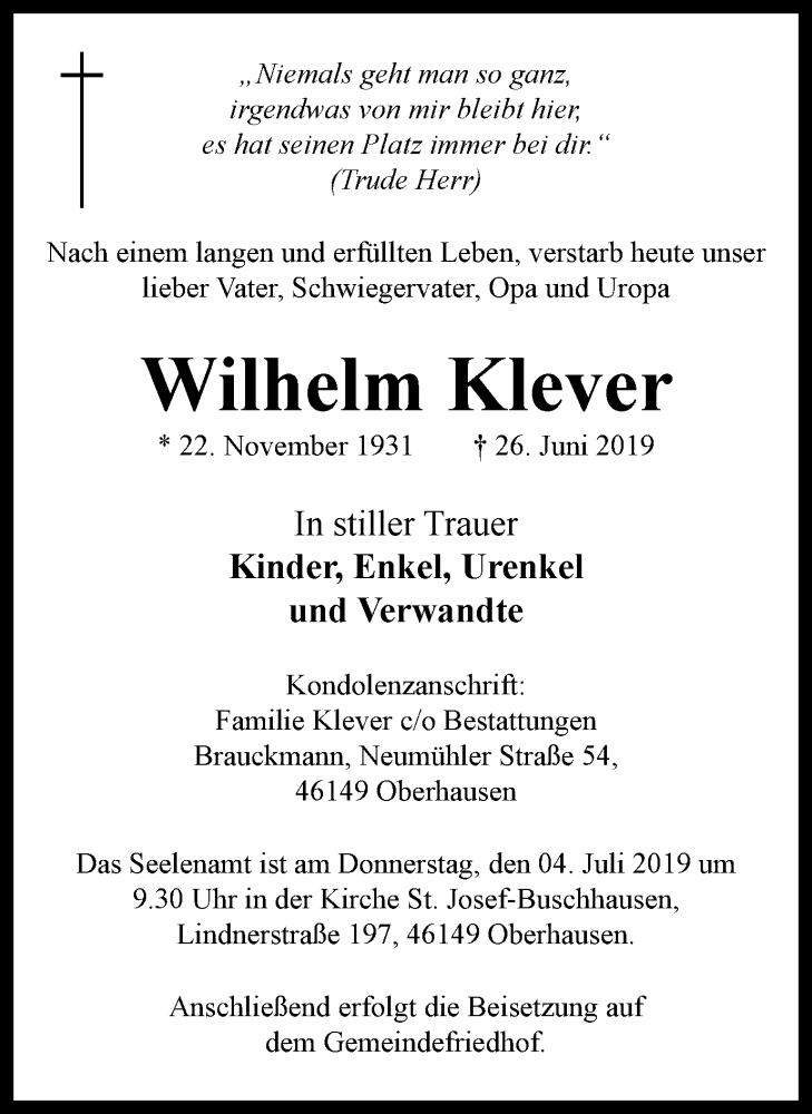  Traueranzeige für Wilhelm Klever vom 29.06.2019 aus Wochen-Anzeiger Oberhausen