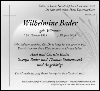 Traueranzeige von Wilhelmine Bader von Mülheimer Woche