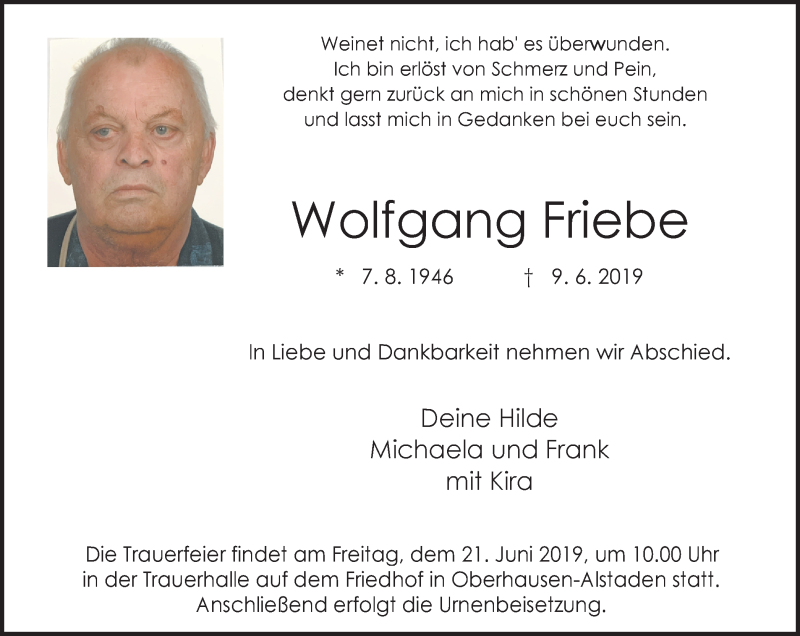  Traueranzeige für Wolfgang Friebe vom 19.06.2019 aus Wochen-Anzeiger Oberhausen