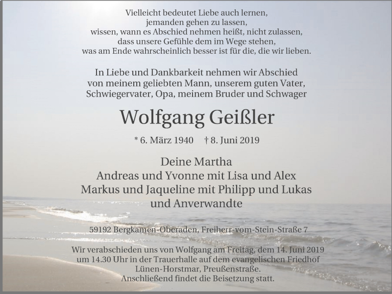  Traueranzeige für Wolfgang Geißler vom 12.06.2019 aus Lüner Anzeiger