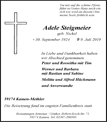 Traueranzeige von Adele Steigmeier von Stadtanz.Castrop-Rauxel