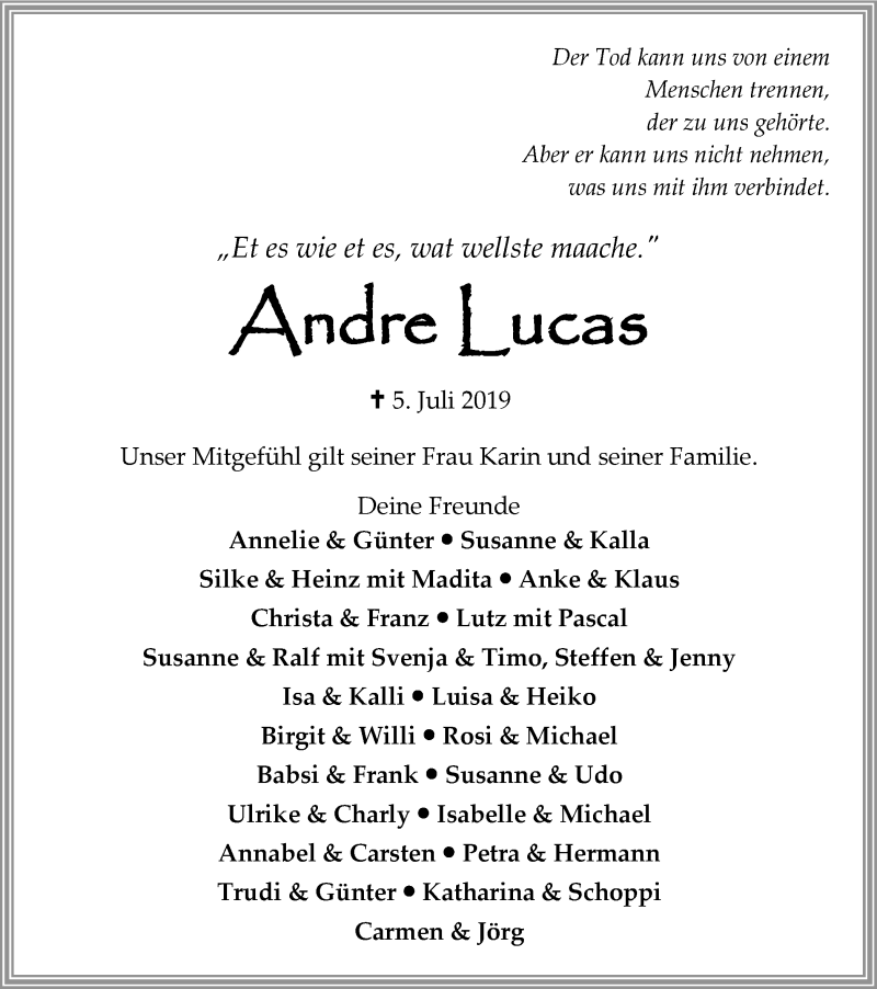  Traueranzeige für Andre Lucas vom 20.07.2019 aus Wochen-Anzeiger Langenfeld/Monheim/Hilden