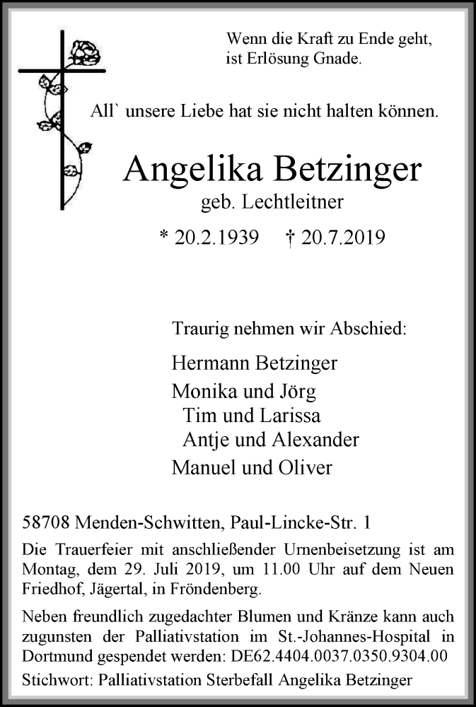  Traueranzeige für Angelika Betzinger vom 24.07.2019 aus Stadtspiegel Menden + Froendenberg