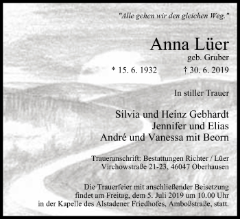 Traueranzeige von Anna Lüer von Wochen-Anzeiger Oberhausen