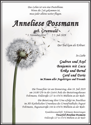 Traueranzeige von Anneliese Possmann von Mülheimer Woche
