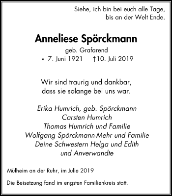 Traueranzeige von Anneliese Spörckmann von Mülheimer Woche
