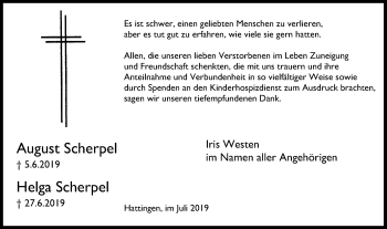 Traueranzeige von August und Helga Scherpel von Stadtspiegel Hattingen/Niedersprockhövel