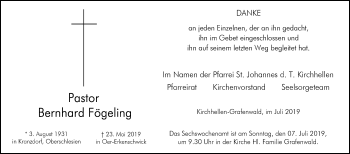 Traueranzeige von Bernhard Fögeling von Stadtspiegel Bottrop