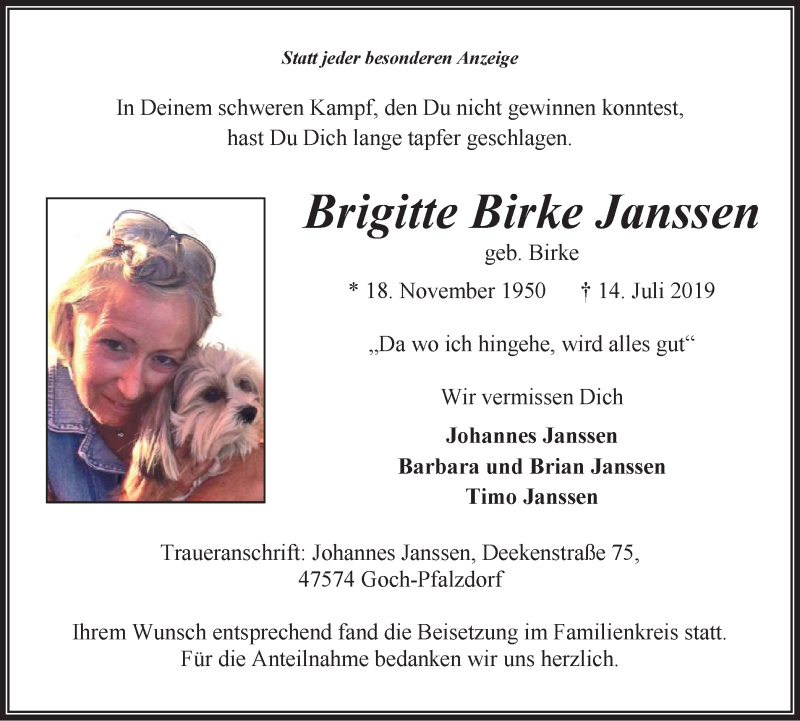  Traueranzeige für Brigitte  Birke Janssen vom 24.07.2019 aus Gocher Wochenblatt