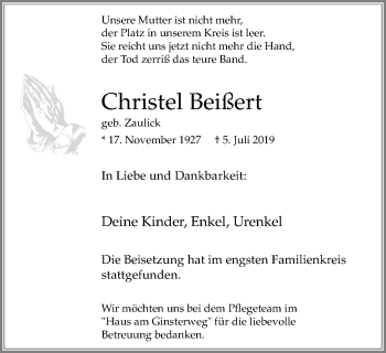 Traueranzeige von Christel Beißert von Stadtanz.Castrop-Rauxel