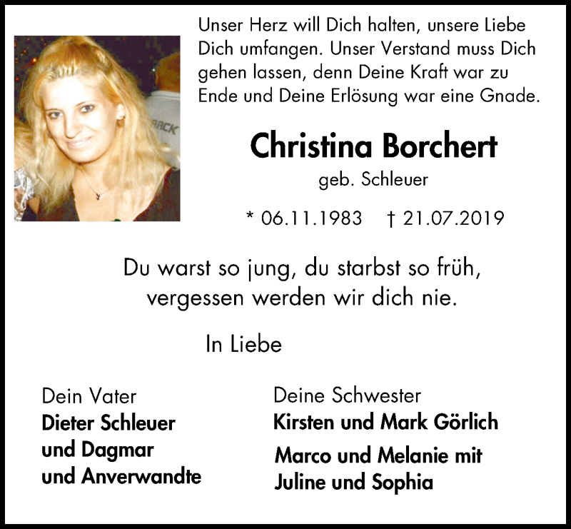  Traueranzeige für Tina Borchert vom 27.07.2019 aus Wochen-Anzeiger Oberhausen
