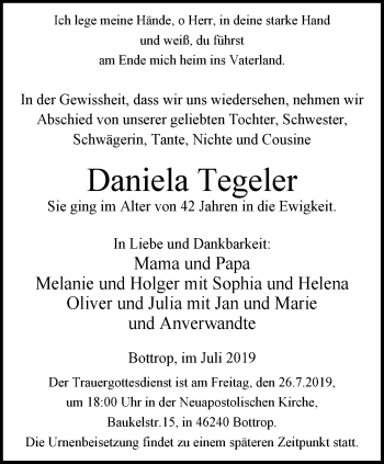Traueranzeige von Daniela Tegeler von Stadtspiegel Bottrop