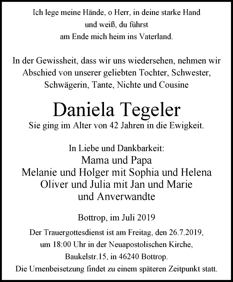  Traueranzeige für Daniela Tegeler vom 24.07.2019 aus Stadtspiegel Bottrop