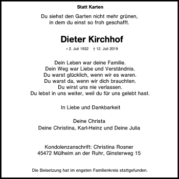 Traueranzeige von Dieter Kirchhof von Mülheimer Woche