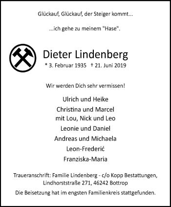 Traueranzeige von Dieter Lindenberg von Stadtspiegel Bottrop