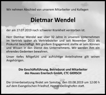 Traueranzeige von Dietmar Wendel von Stadtspiegel Iserlohn + Hemer