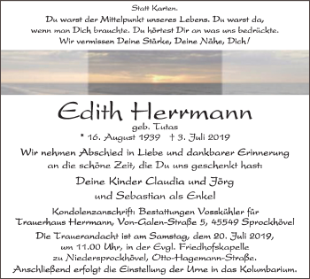 Traueranzeige von Edith Herrmann von Stadtspiegel Hattingen/Niedersprockhövel