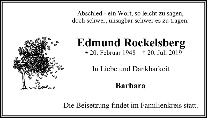  Traueranzeige für Edmund Rockelsberg vom 31.07.2019 aus Stadtspiegel Bochum