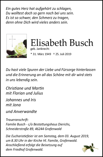 Traueranzeige von Elisabeth Busch von Wochen-Anzeiger Oberhausen