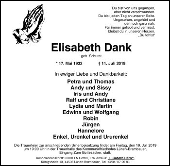 Traueranzeige von Elisabeth Dank von Lüner Anzeiger