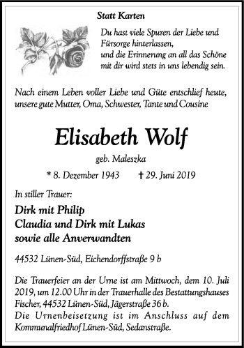 Traueranzeige von Elisabeth Wolf von Lüner Anzeiger