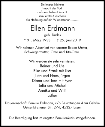 Traueranzeige von Ellen Erdmann von Nord Anzeiger Essen