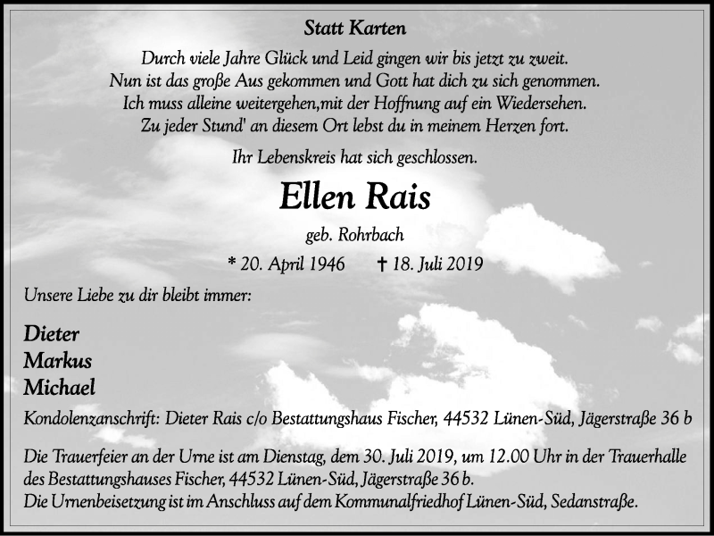  Traueranzeige für Ellen Rais vom 20.07.2019 aus Lüner Anzeiger