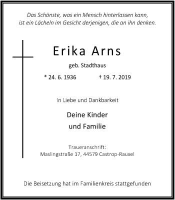 Traueranzeige von Erika Arns von Stadtanz.Castrop-Rauxel