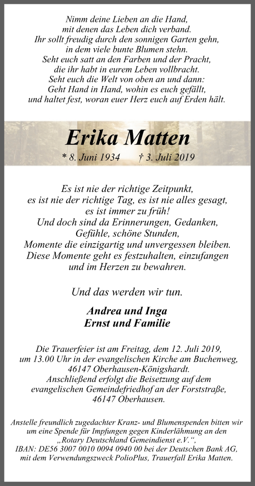  Traueranzeige für Erika Matten vom 10.07.2019 aus Wochen-Anzeiger Oberhausen