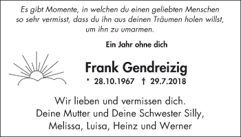 Traueranzeige von Frank Gendreizig von Stadtspiegel Gelsenkirchen