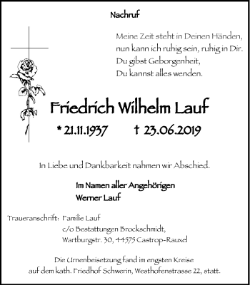 Traueranzeige von Friedrich Wilhem Lauf von Stadtanz.Castrop-Rauxel