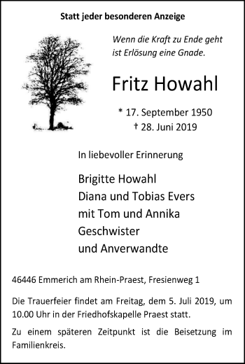 Traueranzeige von Fritz Howahl von Klever + Gocher Wochenblatt + Stadtanzeiger Emmerich