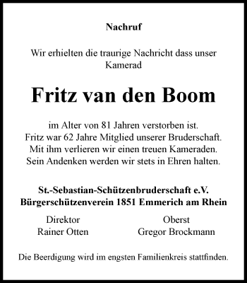Traueranzeige von Fritz van den Boom von Stadtanzeiger Emmerich/Rees/Isselburg + Klever Wochenblatt