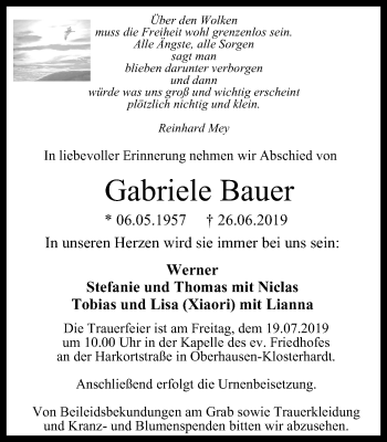 Traueranzeige von Gabriele Bauer von Wochen-Anzeiger Oberhausen
