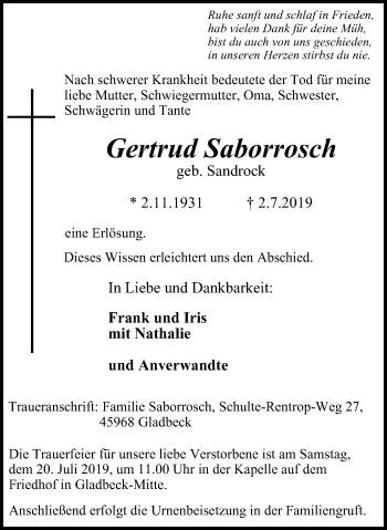 Traueranzeige von Gertrud Saborrosch von Stadtspiegel Gladbeck