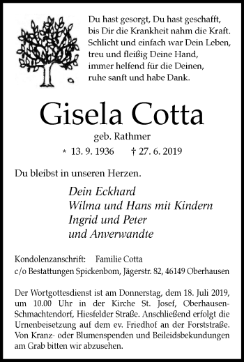 Traueranzeige von Gisela Cotta von Wochen-Anzeiger Oberhausen