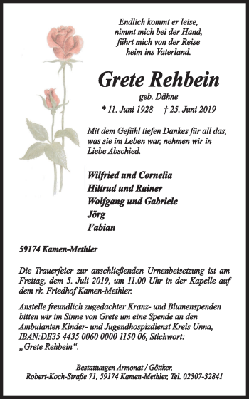 Traueranzeige von Grete Rehbein von Stadtspiegel Kamen + Unna