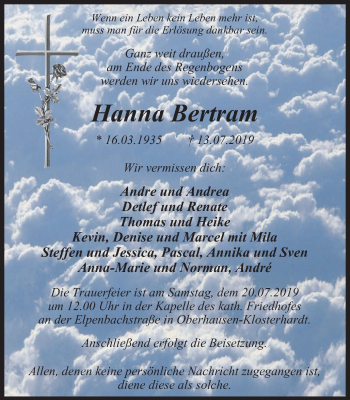 Traueranzeige von Hanna Bertram von Wochen-Anzeiger Oberhausen
