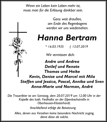 Traueranzeige von Hanna Bertram von Wochen-Anzeiger Oberhausen