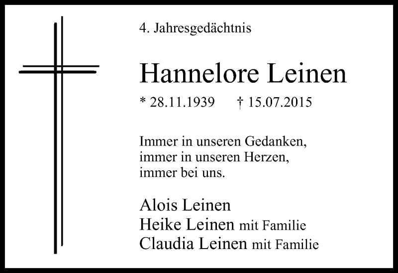  Traueranzeige für Hannelore Leinen vom 13.07.2019 aus Mülheimer Woche