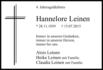 Traueranzeige von Hannelore Leinen von Mülheimer Woche