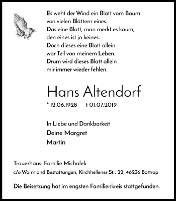 Traueranzeige von Hans Altendorf von Stadtspiegel Bottrop