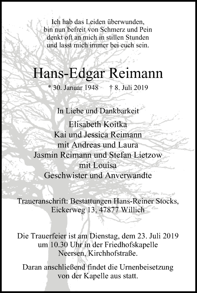  Traueranzeige für Hans-Edgar Reimann vom 17.07.2019 aus Stadtanzeiger Velbert + Heiligenhaus
