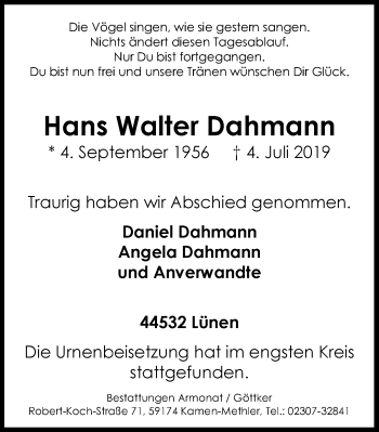 Traueranzeige von Hans Walter Dahmann von Lüner Anzeiger