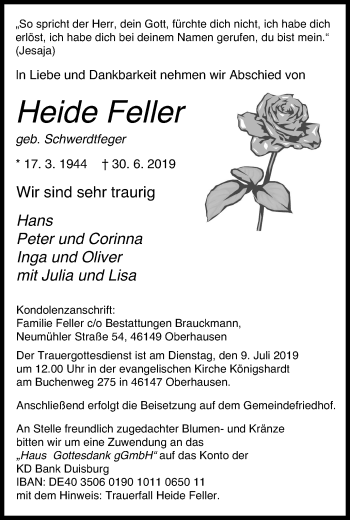 Traueranzeige von Heide Feller von Wochen-Anzeiger Oberhausen