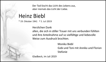 Traueranzeige von Heinz Biebl von Stadtspiegel Gladbeck