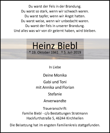 Traueranzeige von Heinz Biebl von Stadtspiegel Gladbeck